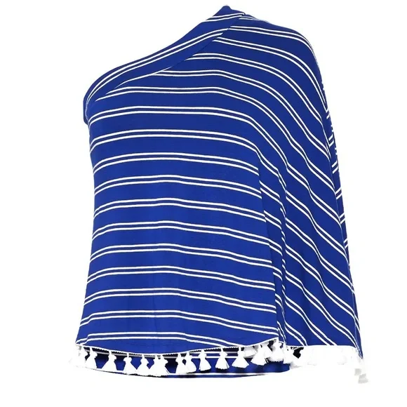 🏝️EUC - Trina Turk Pomona Top Women size XL - One shoulder Tassels Blue White - Picture 8 of 10